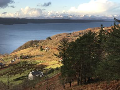A rural landscape with houses trees and a body of water in the background at Chapel House in Torridon