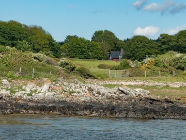 Rocky shoreline with grassy area and trees surrounding a house at Beltie Lodge in Borgue