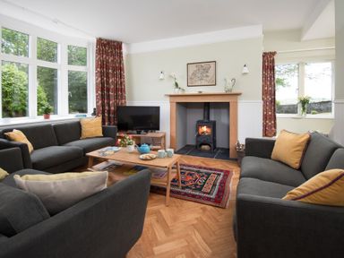A living room with dark sofas a wooden coffee table a television and a fireplace at Beltie Lodge in Borgue