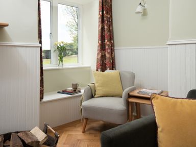 A corner with a grey armchair with a yellow pillow next to a wooden table with magazines and a window with flowers and books at Beltie Lodge in Borgue