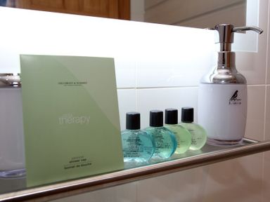 Bottles of toiletries and a dispenser on a metal bathroom shelf at Eagle Lodge in Uig near Stornoway