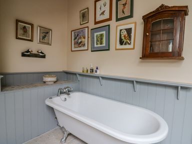 A bathroom with a white clawfoot bathtub and bird-themed framed pictures on the wall at Pen Bont Home Farm in Upper Chapel near Builth Wells