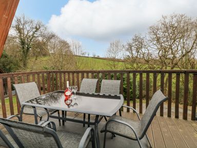 An outdoor wooden deck with a glass table and six chairs surrounded by a wooden railing with trees and grassy hills in the background at No 51 Valley Lodges Honicombe Manor near Gunnislake
