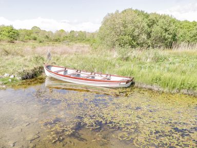 A boat on clear water surrounded by grass and bushes at Cartron Cottage in Ballintubber County Mayo