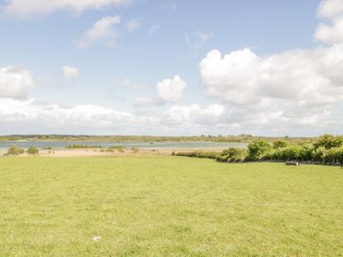 A grassy field with a pond and trees under a cloudy sky at Cartron Cottage in Ballintubber County Mayo