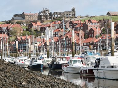 A harbor with boats docked in front of a hillside with red-roofed houses and a large historic abbey at Stoker's Rest in Whitby