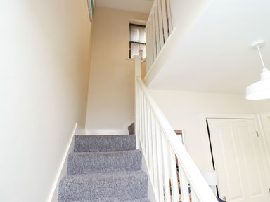 A staircase with carpeted steps and white railing next to a white door and light fixture at Stoker's Rest in Whitby