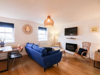 A living room with a blue sofa a wicker chair a wall mounted tv and two windows at Stoker's Rest in Whitby