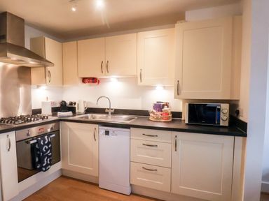 A kitchen with cabinets a sink a dishwasher a microwave an oven and a stove at Stoker's Rest in Whitby