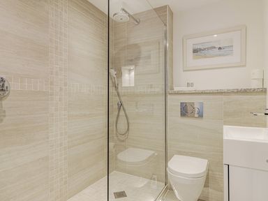 A bathroom with a walk in shower, toilet, sink, and framed artwork at Apartment 18 Burgh Island Causeway Bigbury-On-Sea