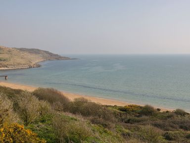 A coastal landscape with a beach and vegetation near Townbridge Apartment in Weymouth