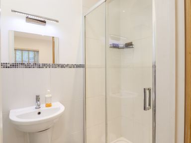 A bathroom with a sink and mirror next to a glass shower enclosure at Dreamwood Lodge in Keston near Leaves Green