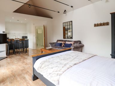 A bedroom with a bed a sofa a wooden coffee table a kitchen area with bar stools and a bathroom at Dreamwood Lodge in Keston near Leaves Green