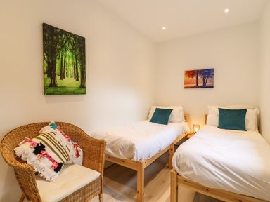 A bedroom with two single beds with blue pillows a wicker chair with a cushion and two paintings on the walls at Dreamwood Lodge in Keston near Leaves Green