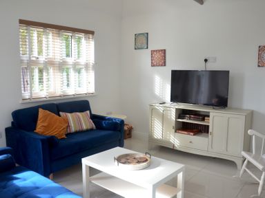 A living room with blue sofas a white coffee table a television on a cabinet and windows with blinds at Dreamwood Lodge in Keston near Leaves Green