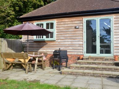 A wooden patio with a picnic table, umbrella, grill, and steps leading to glass doors at Dreamwood Lodge in Keston near Leaves Green