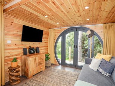 A wooden room with a television, cabinet, plants, sofa, pillows, coat stand, and round glass door at The Hideaway Pod in Rhoslan near Criccieth