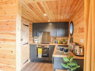 A small kitchen with wooden walls and ceiling grey cabinets stove oven and kitchen appliances at The Hideaway Pod in Rhoslan near Criccieth