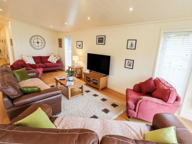 A living room with red and brown sofas a coffee table a television and a wall clock at Tanqueray Lodge in Kenwick near Louth