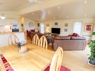 An open living and dining area with wooden dining table and chairs leather sofas a television and kitchen in the background at Tanqueray Lodge Kenwick near Louth