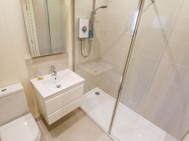 A bathroom with a toilet a sink with a mirror and a shower with glass doors at Tanqueray Lodge Kenwick near Louth