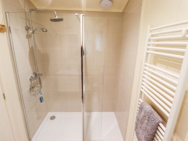 A shower area with glass doors a rain showerhead and a towel on a heated rail at Tanqueray Lodge in Kenwick near Louth