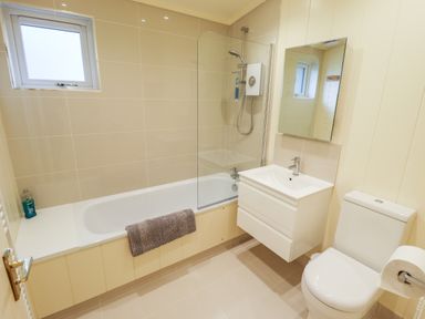 A bathroom with a bathtub shower combination sink with vanity mirror and toilet at Tanqueray Lodge Kenwick near Louth