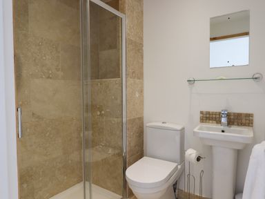 A bathroom with a shower enclosure a toilet a pedestal sink a mirror and a glass shelf at Apartment at Morningside Hotel in Torquay