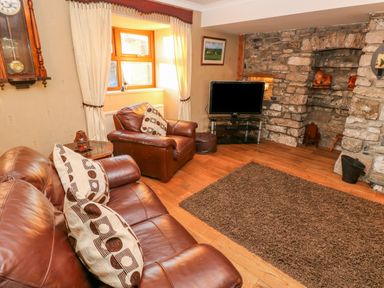 A living room with brown leather sofas cushions a rug a TV and a stone wall at Pant Teg Farm in Carmarthen