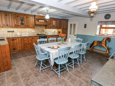 A kitchen with wooden cabinets blue dining chairs a table with flowers and food and a wooden rocking horse at Pant Teg Farm in Carmarthen