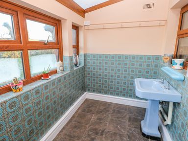 A room with blue patterned tiles on the lower walls a blue sink with faucets and large windows with small plants on the window sill at Pant Teg Farm in Carmarthen