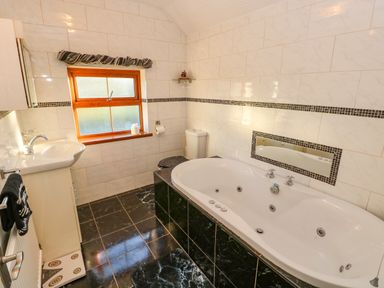 A bathroom with a bathtub sink toilet and window at Pant Teg Farm in Carmarthen