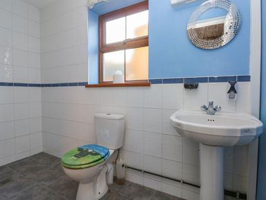 A bathroom with a toilet with a cow print seat cover a pedestal sink a round mirror and a window at Pant Teg Farm in Carmarthen