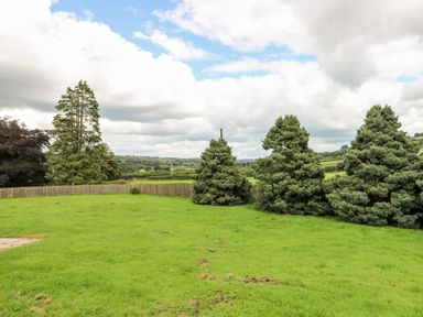 A grassy yard with trees and a wooden fence under a partly cloudy sky at Pant Teg Farm in Carmarthen