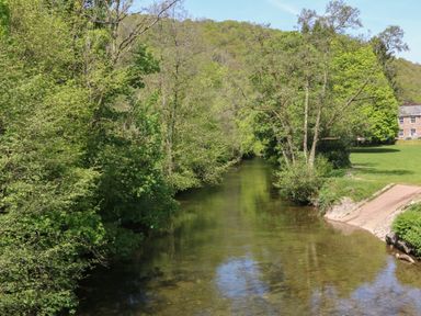 A river flowing between trees and grass near a stone building at Barleside in Dulverton