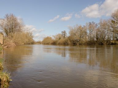 A river flowing with trees on both banks under a blue sky at Steel Works Farm in Gorsley