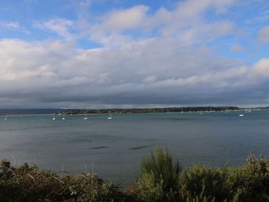 A coastal view with sailboats on the water and vegetation in the foreground at The Cottage in Wimborne Minster
