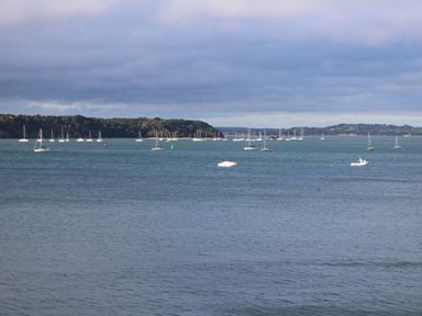A body of water with several sailboats and motorboats and a tree-covered coastline at The Cottage in Wimborne Minster