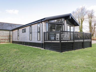 A modern wooden cabin with black trim and a fenced deck on grass at Manor Farm Lodge in Bowerchalke