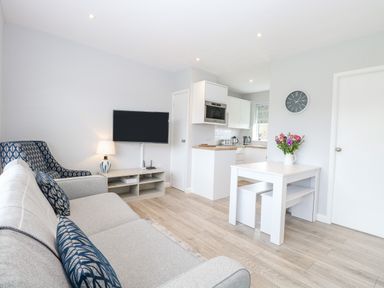 A living area with a gray sofa, an armchair, a wall-mounted TV, a small dining table with stools, a lamp, and an open kitchen at 12 Siesta Mar in Mundesley