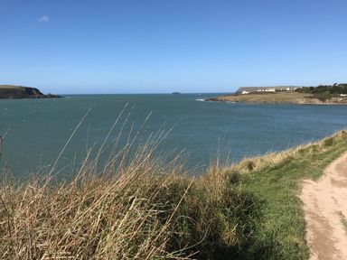 A coastal path with grass and dry plants overlooking the sea and a peninsula with houses at The Snug in St Minver
