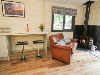 A living area with two bar stools a brown leather sofa and a wood burning stove at Lake View Lodge in Wykeham near East Ayton
