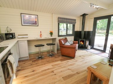 A kitchen area with bar stools and a leather chair next to a fireplace at Lake View Lodge in Wykeham near East Ayton