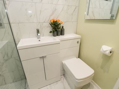 A bathroom with a white vanity sink with orange flowers and soap dispenser a toilet and a mounted mirror at Lake View Lodge in Wykeham near East Ayton