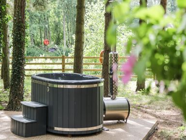 An outdoor hot tub with steps and a metal heater surrounded by trees and a wooden fence at Lake View Lodge in Wykeham near East Ayton