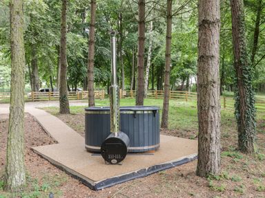 An outdoor hot tub with a chimney on a paved area surrounded by trees at Lake View Lodge in Wykeham near East Ayton