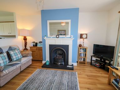 A living room with a fireplace television sofa and lamps at 4 The Cloisters in Bushmills County Antrim
