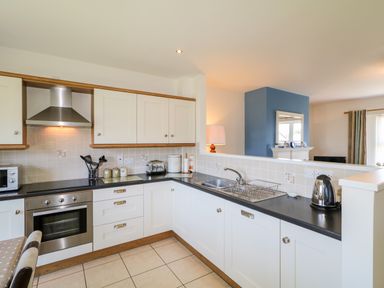 A kitchen with white cabinets black countertops stainless steel oven and hood with a blue wall and window in the background at 4 The Cloisters in Bushmills County Antrim