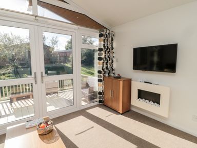 A room with glass doors leading to a patio with outdoor furniture a wooden cabinet a wall-mounted TV and a wall-mounted fireplace at Pinecone Lodge - No 9 Felmoor Park near Felton