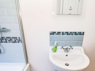 A bathroom sink with a soap dispenser and a mirror above it beside a shower area with blue tiles at Navigators Rest in Whitby
